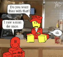 a roblox character talking to another roblox character in a kitchen