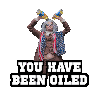 a man in an american flag costume is holding two bottles in his hands with the words you have been oiled above him
