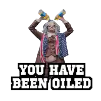 a man in an american flag costume is holding two bottles in his hands with the words you have been oiled above him