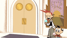 a cartoon character holding an ice cream cone in front of a door that says lovely time