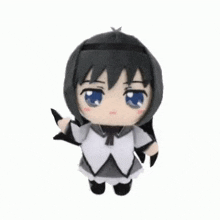 a stuffed animal of a girl with black hair and blue eyes is dancing .