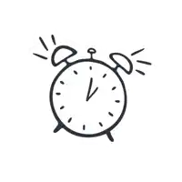 a black and white drawing of an alarm clock with the hands on the number 1 and 2