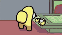 a yellow among us character is standing next to a purple character in a room .