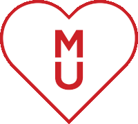 a red heart with the letter m and u on it