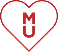 a red heart with the letter m and u on it