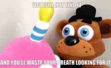 a stuffed animal with the words " you will not find it and you 'll waste your breath looking for it " on it