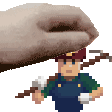a pixel art of a man holding a stick and a giant hand behind him .