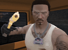 a man wearing a necklace with a marijuana leaf on it is holding a gun