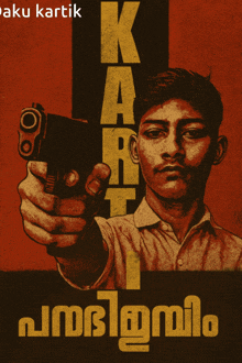 a poster of a man pointing a gun with the word kart in yellow letters