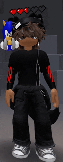 a boy is wearing a black shirt with red stripes on the sleeves