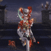 a cartoon character with red hair and a feathered hat holds a sword