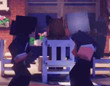 a couple of minecraft characters standing next to each other in front of a brick wall