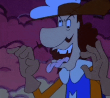 a cartoon character wearing a hat and a blue vest with the letter m on it .