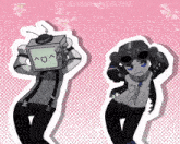 a drawing of a robot with a tv on his head and another robot with goggles on