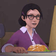 a cartoon woman with glasses is sitting at a table with a plate of food