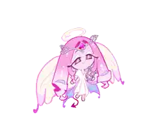 a cartoon drawing of a pink angel with wings sleeping on a cloud