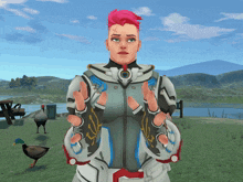 a woman with pink hair is standing in a field with a duck in the background