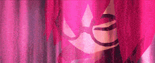 a close up of a person 's face with pink hair behind a pink curtain