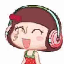 a cartoon girl wearing headphones and a red dress is smiling .