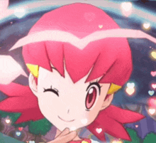 a close up of a cartoon character with pink hair and hearts surrounding her .