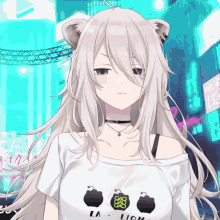 a girl with long white hair is wearing a white shirt that says la lion