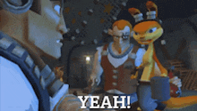 a cartoon character says yeah in front of a rabbit