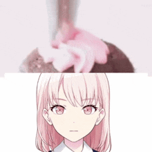 a girl with pink hair is next to a pink frosting