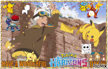 a pokemon horizons day greeting card with a pikachu