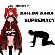 a silhouette of a woman with red hair and the words i believe in sailor nana supremacy behind her