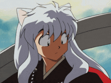 a cartoon character with a cat ear and long white hair
