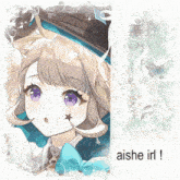 a picture of a girl with purple eyes and the words aishe irl