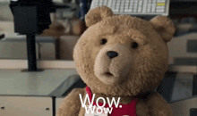 a teddy bear wearing a red shirt that says wow on it .