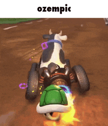 a cow is driving a turtle in a video game with the caption " ozempic " above it