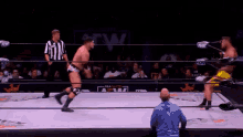 a man in a blue hoodie is watching a wrestler in a wrestling ring .