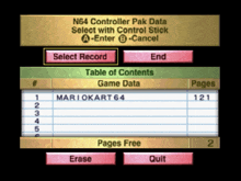a n64 controller pak data select with control stick a enter b cancel select record end table of contents game data pages free erase quit
