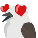 a bird with hearts in its eyes and a black beak