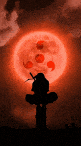 a silhouette of a person holding a sword in front of a full moon