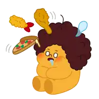 a cartoon character holding a slice of pizza and a fried chicken wing