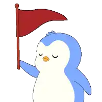 a blue and white penguin is holding a red flag with its eyes closed