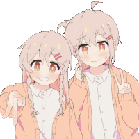two anime girls are standing next to each other and one of them is pointing at the camera