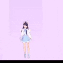 a cartoon girl with long black hair is standing on a pink background .