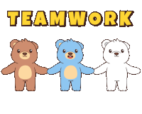 three teddy bears holding hands with the word teamwork above them