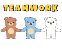 three teddy bears holding hands with the word teamwork above them