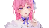 a girl with pink hair and purple eyes is giving a thumbs up sign