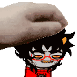a hand is petting a cartoon character 's head with glasses .