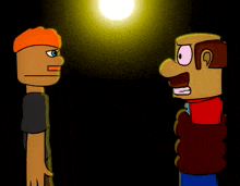 two cartoon characters are standing next to each other with one pointing at the other