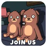 two teddy bears are sitting on a couch and the words join us are below them