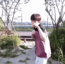 a man in a pink shirt is standing in a park with trees in the background