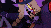 a cartoon character holding a microphone with a purple hat on