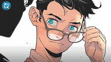 a drawing of a man with glasses and a dc logo